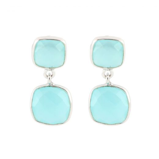 925 Sterling Silver earrings rhodium plated with two square stones of Aqua Chalcedony