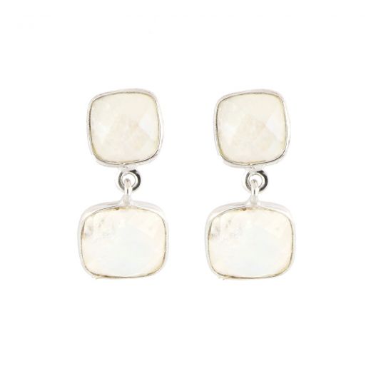 925 Sterling Silver earrings rhodium plated with two square stones of Rainbow Moonstone