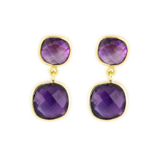 925 Sterling Silver earrings gold plated with two square stones of Amethyst