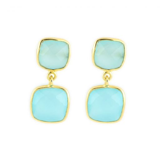 925 Sterling Silver earrings gold plated with two square stones of Aqua Chalcedony