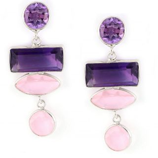 925 Sterling Silver earrings rhodium plated with two stones of Amethyst and two stones of Rose Chalcedony 925 Sterling Silver earrings rhodium plated with two stones of Amethyst and two stones of Rose Chalcedony