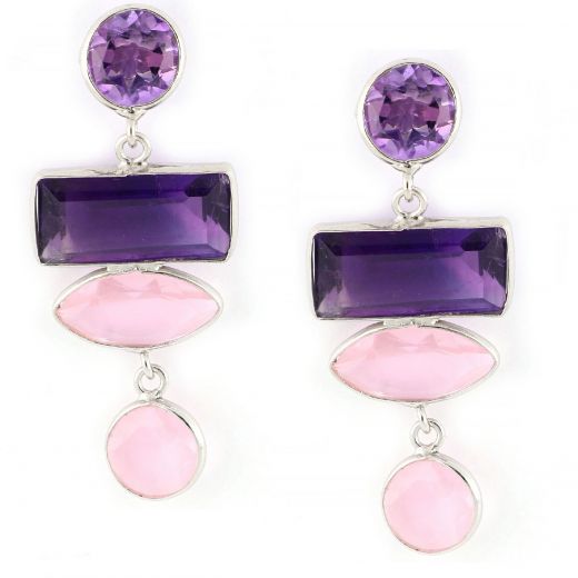 925 Sterling Silver earrings rhodium plated with two stones of Amethyst and two stones of Rose Chalcedony