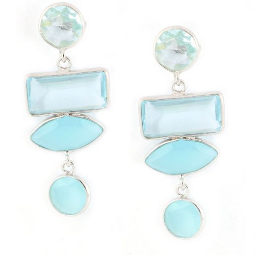 925 Sterling Silver earrings rhodium plated with two stones of Blue Topaz and two stones of Aqua Chalcedony