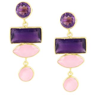 925 Sterling Silver earrings gold plated with two stones of Amethyst and two stones of Rose Chalcedony 925 Sterling Silver earrings gold plated with two stones of Amethyst and two stones of Rose Chalcedony