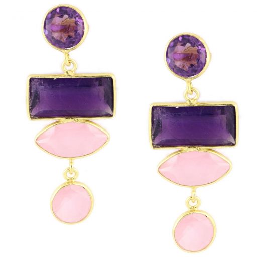 925 Sterling Silver earrings gold plated with two stones of Amethyst and two stones of Rose Chalcedony