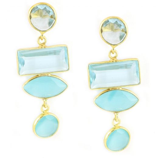 925 Sterling Silver earrings gold plated with two stones of Blue Topaz and two stones of Aqua Chalcedony