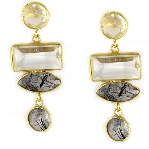 925 Sterling Silver earrings gold plated with two stones of Black Rutile and two stones of Crystal