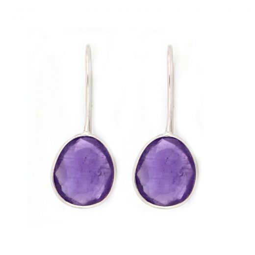 925 Sterling Silver earrings rhodium plated with oval Amethyst