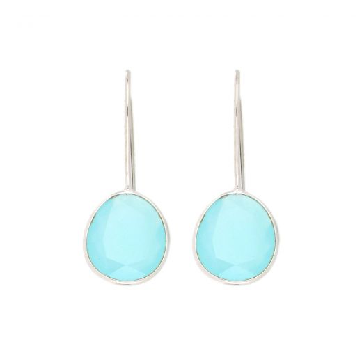 925 Sterling Silver earrings rhodium plated with oval Aqua Chalcedony