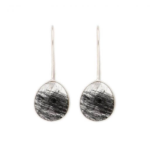 925 Sterling Silver earrings rhodium plated with oval Black Rutile