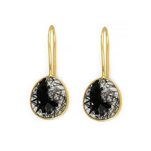 925 Sterling Silver earrings gold plated with oval Black Rutile