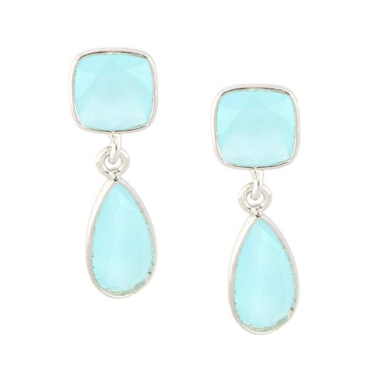 925 Sterling Silver earrings rhodium plated with two stones of Aqua Chalcedony in a shape of square and a drop