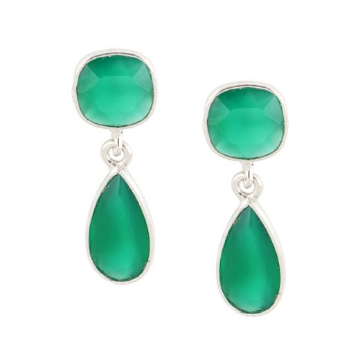 925 Sterling Silver earrings rhodium plated with two stones of Green Onyx in a shape of square and a drop