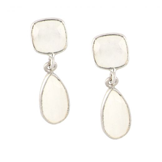 925 Sterling Silver earrings rhodium plated with two stones of Rainbow Moonstone in a shape of a square and a drop