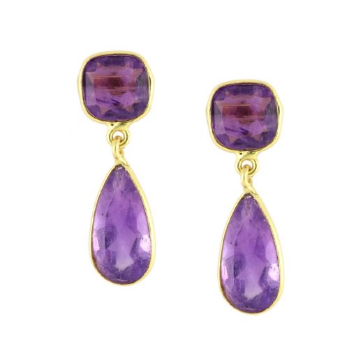 925 Sterling Silver earrings gold plated with two stones of Amethyst in a shape of square and a drop