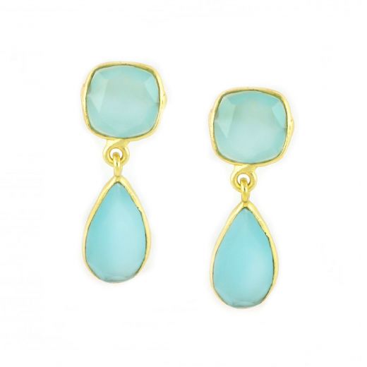 925 Sterling Silver earrings gold plated with two stones of Aqua Chalcedony in a shape of square and a drop