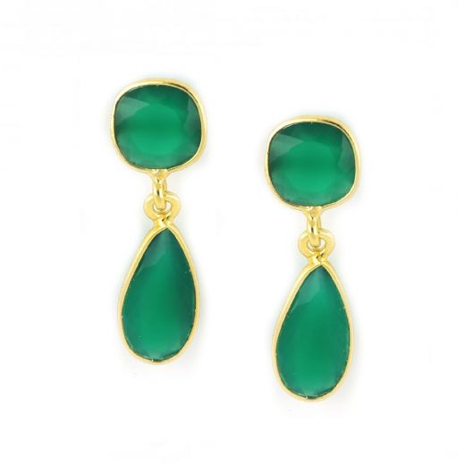 925 Sterling Silver earrings gold plated with two stones of Green Onyx in a shape of square and a drop