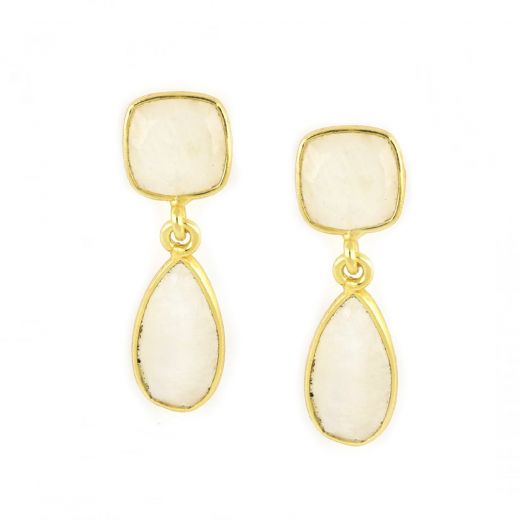 925 Sterling Silver earrings gold plated with two stones of Rainbow Moonstone in a shape of a square and a drop