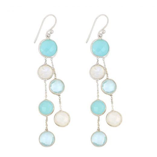 925 Sterling Silver earrings rhodium plated with round stones, two Aqua Chalcedony, two Rainbow Moonstone and two Blue Topaz
