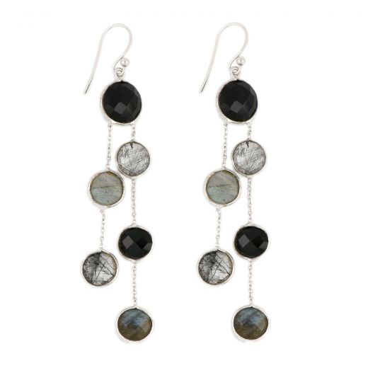 925 Sterling Silver earrings rhodium plated with round stones, two Black Onyx, two Black Rutile and two Labradorite