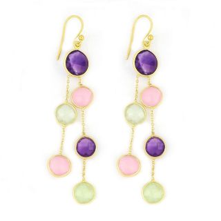 925 Sterling Silver earrings rhodium plated with round stones, two Amethyst, two Rose Chalcedony and two Prehnite Chalcedony 925 Sterling Silver earrings rhodium plated with round stones, two Amethyst, two Rose Chalcedony and two Prehnite Chalcedony