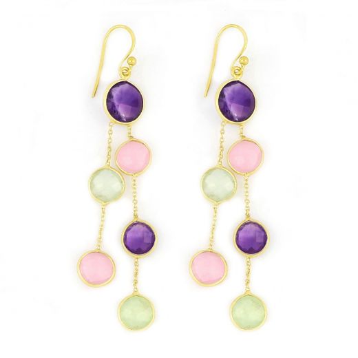 925 Sterling Silver earrings rhodium plated with round stones, two Amethyst, two Rose Chalcedony and two Prehnite Chalcedony