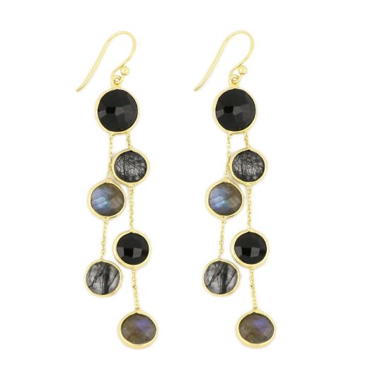 925 Sterling Silver earrings rhodium plated with round stones, two Black Onyx, two Black Rutile and two Labradorite