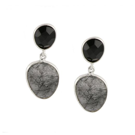 925 Sterling Silver earrings rhodium plated with Black Onyx and Black Rutile