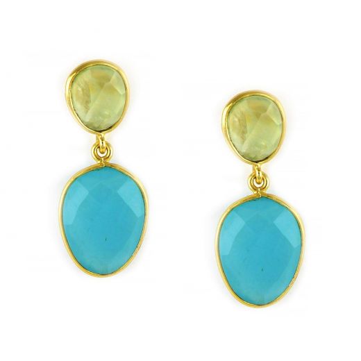 925 Sterling Silver earrings gold plated with Prehnite and Aqua Chalcedony