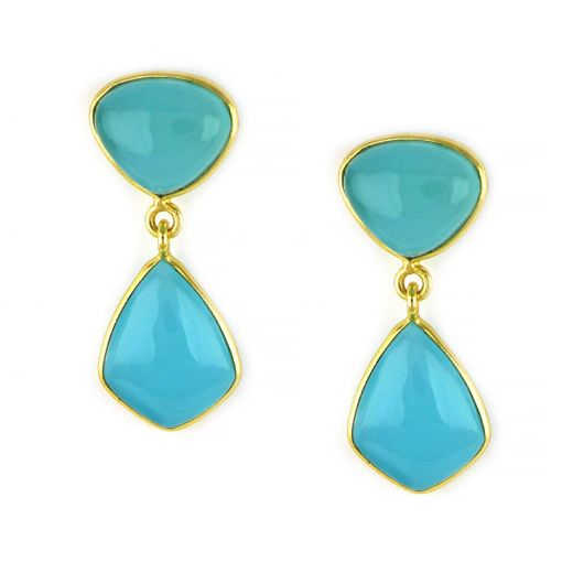 925 Sterling Silver earrings gold plated with two stones of Aqua Chalcedony