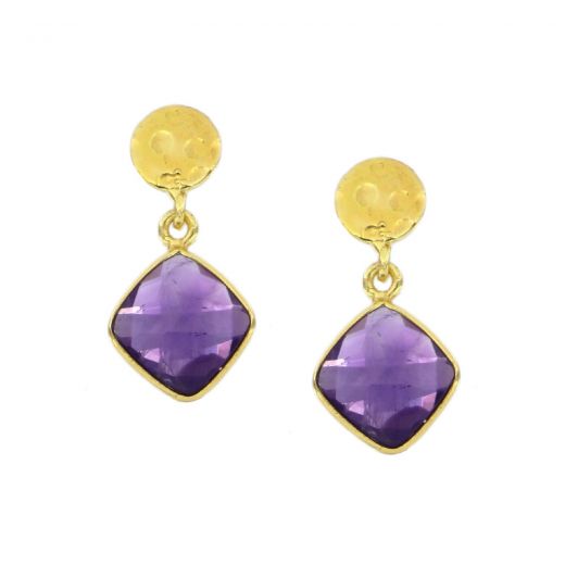 925 Sterling Silver earrings gold plated with Amethyst in a shape of a diamond