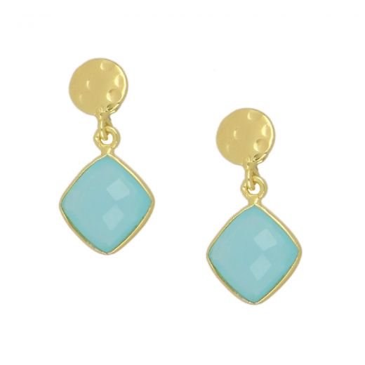 925 Sterling Silver earrings gold plated with Aqua Chalcedony in a shape of a diamond
