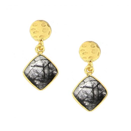 925 Sterling Silver earrings gold plated with Black Rutile in a shape of a diamond