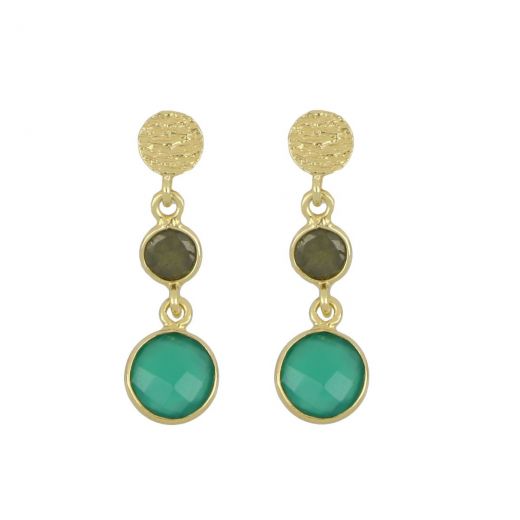 925 Sterling Silver earrings gold plated with two round stones of Peridot and Green Onyx