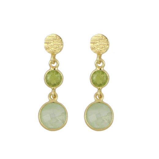 925 Sterling Silver earrings gold plated with two round stones of Peridot and Prehnite