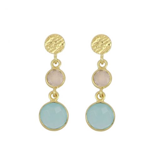 925 Sterling Silver earrings gold plated with two round stones of Rainbow Moonstone and Aqua Chalcedony