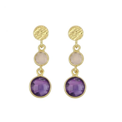 925 Sterling Silver earrings gold plated with two round stones of rose chalcedony and Amethyst