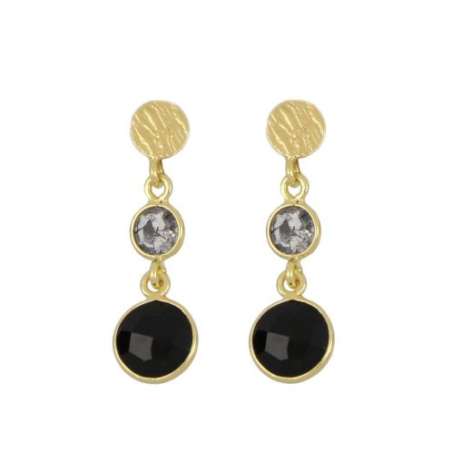 925 Sterling Silver earrings gold plated with two round stones of Black Rutile and Black Onyx