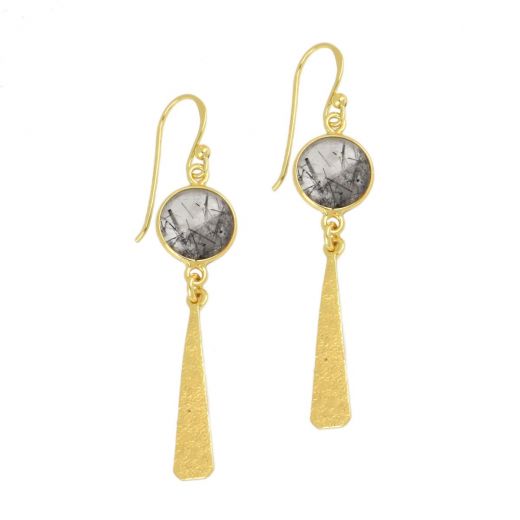 925 Sterling Silver earrings gold plated with round Black Rutile
