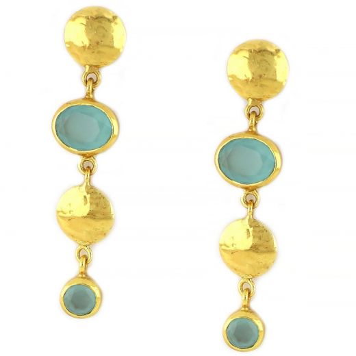 925 Sterling Silver earrings gold plated with two stones of Aqua Chalcedony 10x8 & 6mm