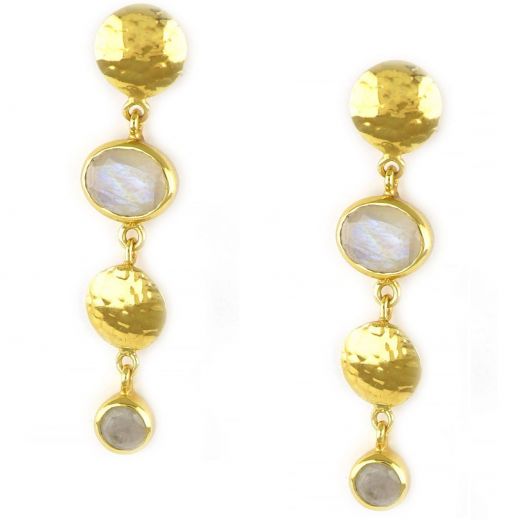 925 Sterling Silver earrings gold plated with two stones of Rainbow Moonstone