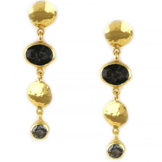 925 Sterling Silver earrings gold plated with two stones of Black Rutile