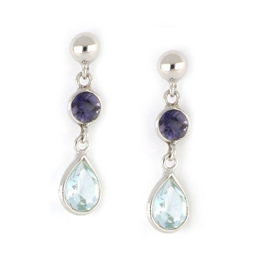 925 Sterling Silver earrings gold plated with a round stone of Iolite and Blue Topaz in the form of a tear