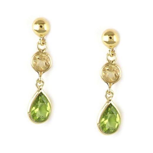 925 Sterling Silver earrings gold plated with a round stone of Citrine and Peridot in the form of a tear