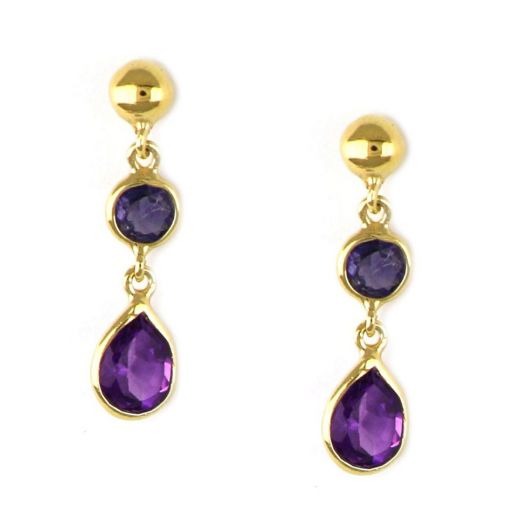 925 Sterling Silver earrings gold plated with a round stone of Iolite and Amethyst in the form of a tear
