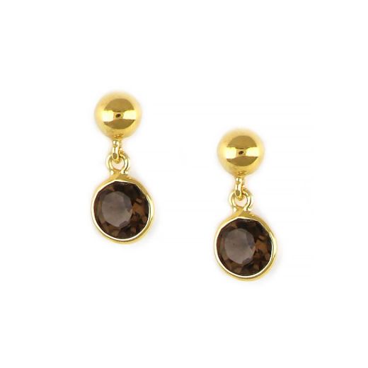 925 Sterling Silver earrings gold plated with round Smoky