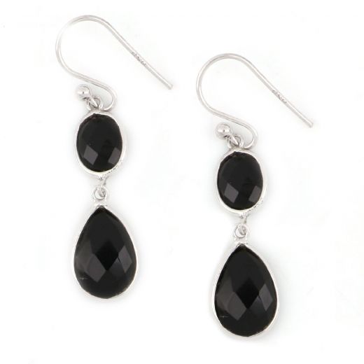 925 Sterling Silver earrings rhodium plated with two stones of Black Onyx in oval and drop shape