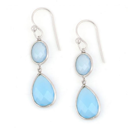 925 Sterling Silver earrings rhodium plated with two stones of Aqua Chalcedony in oval and drop shape