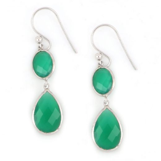 925 Sterling Silver earrings rhodium plated with two stones of Green Onyx in oval and drop shape