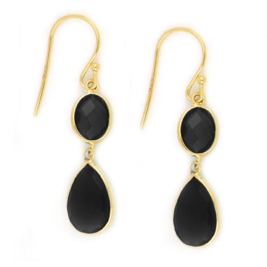 925 Sterling Silver earrings gold plated with two stones of Black Onyx in oval and drop shape